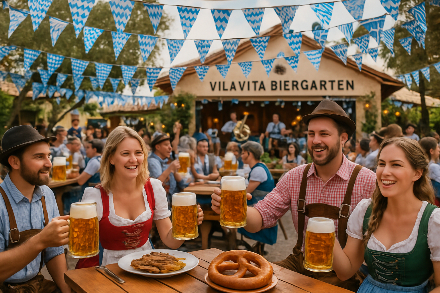 Taking place from September 24th to October 5th, 2025, Vila Vita Biergarten. With an interior space entirely lined with 120-year-old vintage wood, entering the Biergarten feels like being transported directly to a rustic chalet in the Alps. Our staff serves homemade sausages, typical Bavarian-inspired dishes like schnitzel, pretzels, potato salad, pork knuckle, and apple strudel, as well as German beer.