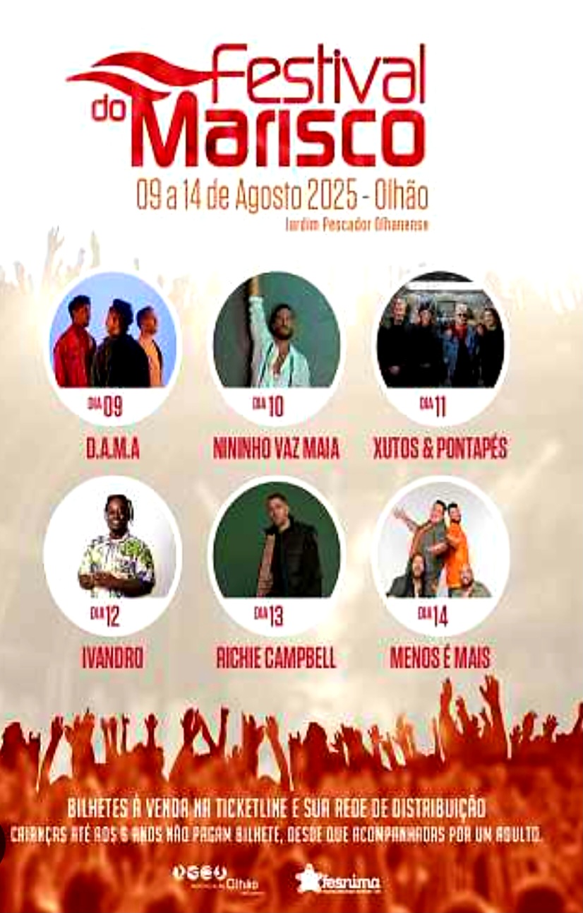 The lineup for the Olhão City Festivals 2025 includes names such as Tony Carreira, Íris and several DJs. The Seafood Festival, which will take place from August 9 to 14 at the Jardim Pescador Olhanense, will feature DAMA, Nininho Vaz Maia, Xutos & Pontapés, Ivandro, Richie Campbell and Menos é Mais.