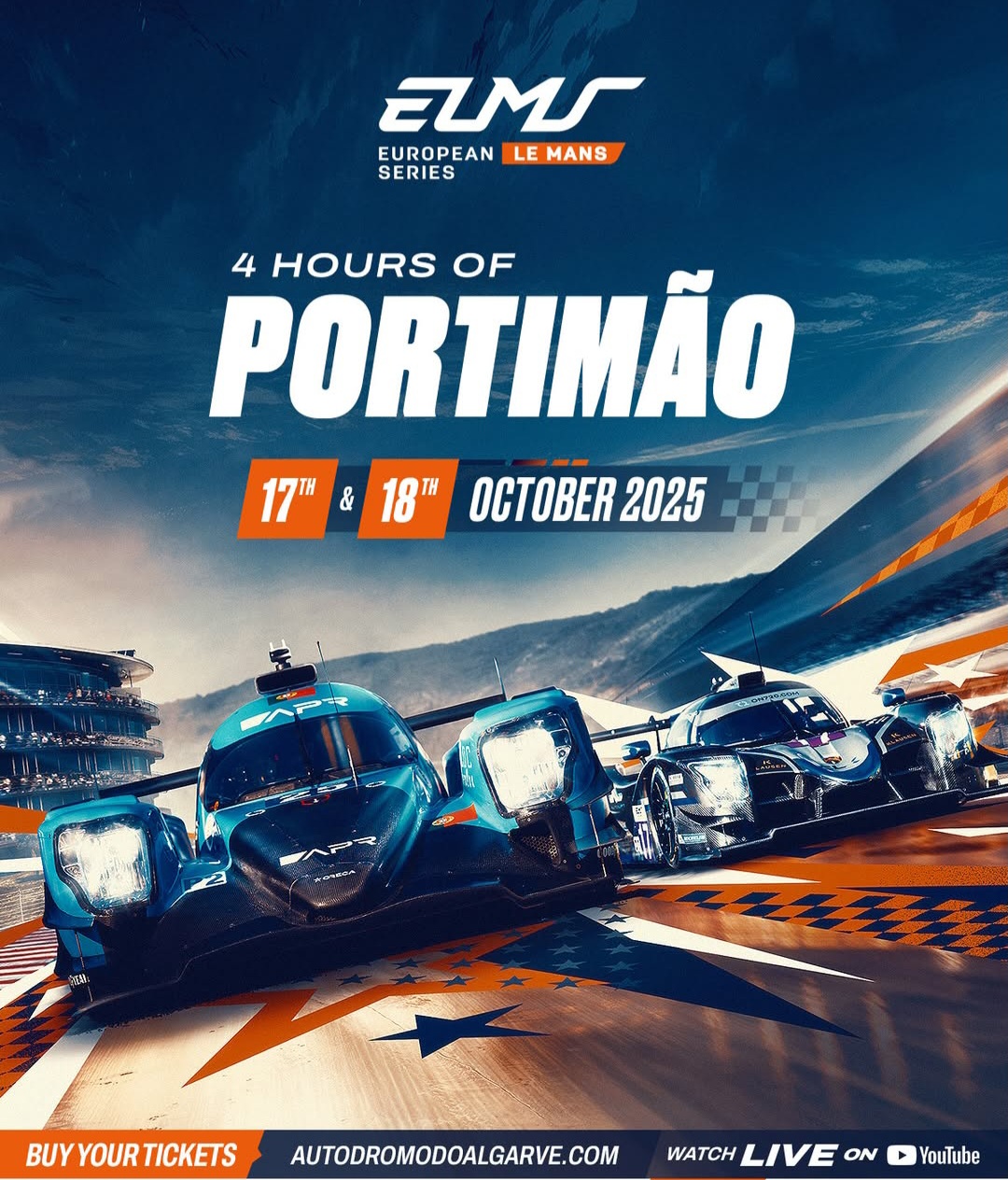 🚗💨 Resumo: 4 Hours of Portimão - European Le Mans Series (ELMS) Prepare-se para a velocidade no Autódromo Internacional do Algarve (AIA)!  Data	Horário	Sessão	Icone 17 Outubro	12:50pm	Treinos Livres 1 (Free Practice 1)	⏱️ 17 Outubro	05:20pm	Teste Coletivo (Pilotos Bronze)	🥉 18 Outubro	11:10am	Treinos Livres 2 (Free Practice 2)	🏎️ 18 Outubro	05:01pm	Qualificação - LMGT3	🏁