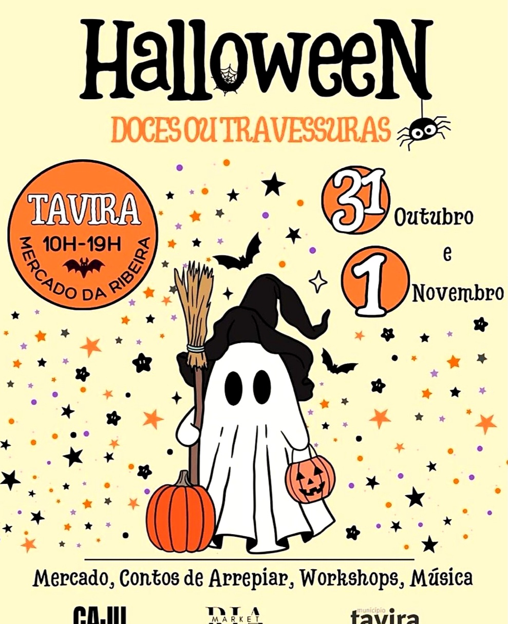 A Câmara Municipal de Tavira preparou um mês recheado de eventos, com programação variada de 1 a 31 de outubro, culminando nas festividades de Halloween.  Categoria	Descrição	Ícone 📅 Período	Todo o mês de outubro.	🗓️ 🎃 Culminar	Festividades de Halloween.	31/10 ⛪ Cultura	Missas, Fado e Teatro.	🎶🎭 🗺️ Exploração	Visitas Guiadas.	🧭 👟 Atividade	Caminhadas.	🏞️