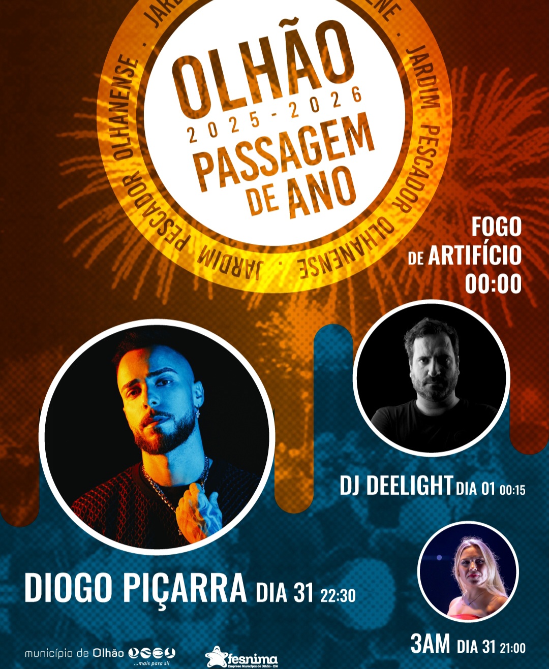 Olhão celebrates New Year's Eve at Jardim Pescador Olhanense with Diogo Piçarra and DJ Deelight.
