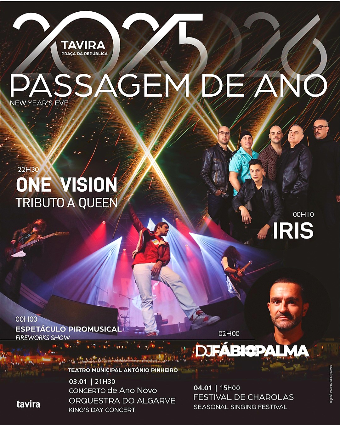 On New Year's Eve, between 10 PM and 4 AM, Praça da República will host a program that promises to brighten the night. The celebrations begin with the band One Vision paying tribute to Queen. At the stroke of midnight, on the Ponte dos Descobrimentos (Discoveries Bridge), a pyrotechnic musical show will welcome the new year. The party continues with a performance by Iris and concludes with DJ Fábio Palma.