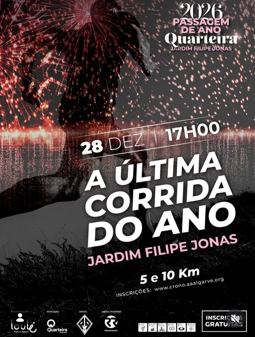 A ÚLTIMA CORRIDA DO ANO 2025 em Quarteira no dia 28 de dezembro de 2025: "A Última Corrida do Ano", um evento de fim de ano com percursos de 5k e 10k (corrida ou caminhada) no Jardim Filipe Jonas, a partir das 17h00, com chá e bolo no final