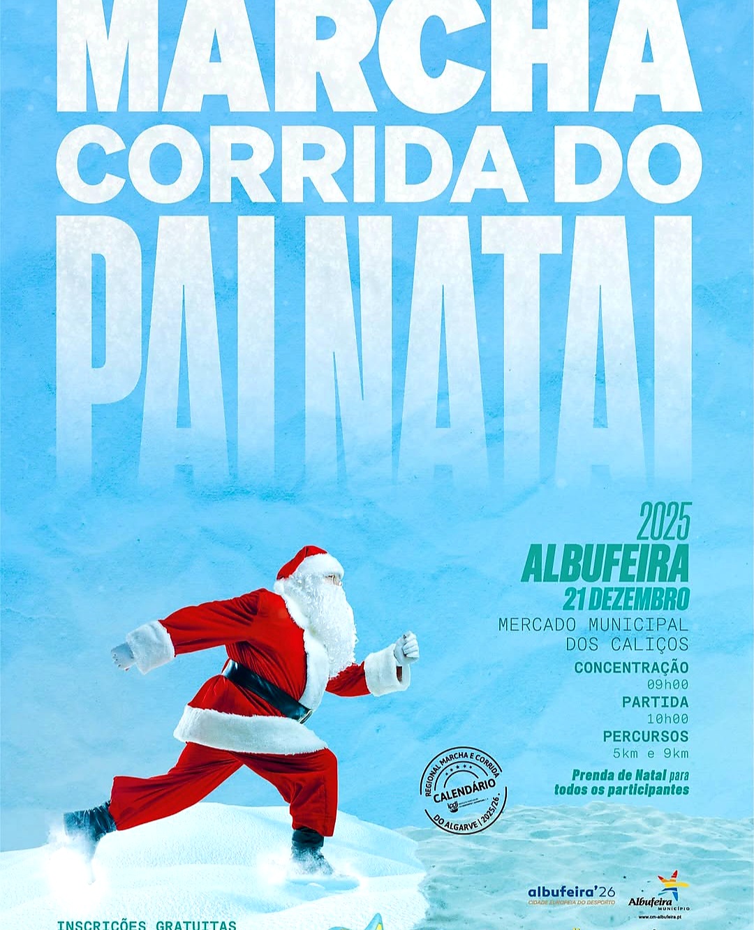 No próximo dia 21 de dezembro (domingo), a Marcha Corrida do Pai Natal está de regresso a Albufeira. A organização do evento, que integra a programação “Albufeira Cidade Europeia do Desporto 2026”, renova a promessa de encher as principais ruas da cidade de cor, alegria e muita animação, através da participação de centenas de atletas e fãs da atividade desportiva, de todas as idades, vestidos de Pai Natal.