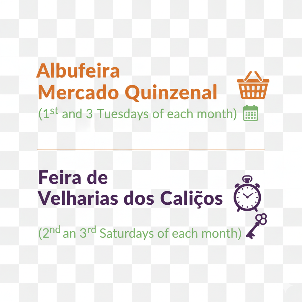 Albufeira Fortnightly Market (1st and 3rd Tuesdays of each month) and the Caliços Flea Market (2nd and 3rd Saturdays of each month).