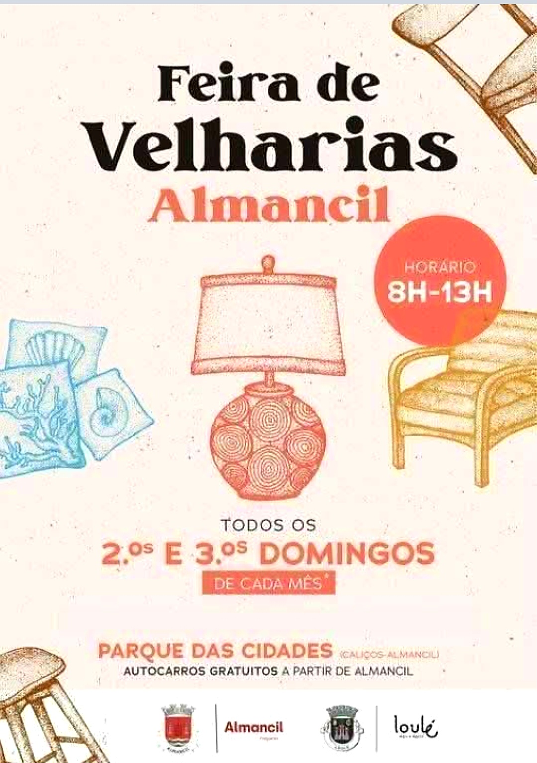 Almancil Antiques and Flea Market, held on the 2nd and 3rd Sundays of each month, from 8:00 AM to 1:00 PM. Address: Parque 2 do Estádio do Algarve.