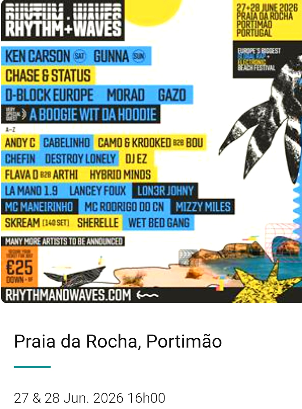 "Sun, salt, and music: the perfect setting awaits you at the Rhythm + Waves Festival. Join us for an unforgettable experience between the waves and the stage! ✨🏝️"