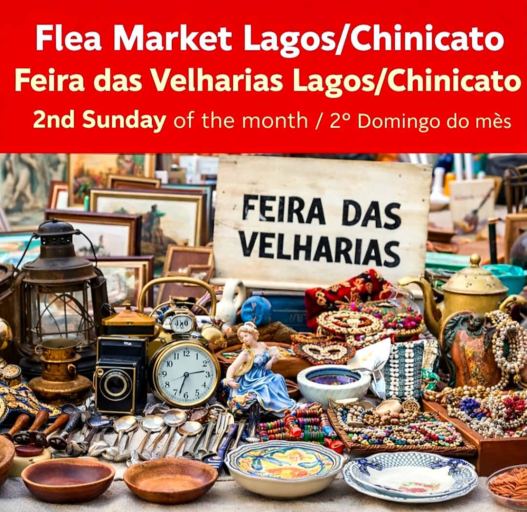 🏛️ Lagos (Recinto do Mercado de Levante) Esta é uma das maiores e mais frequentadas da região.  Quando: 1.º domingo de cada mês.  Horário: Geralmente das 08:00 às 13:00.  Local: Recinto do Mercado de Levante (perto da paragem de autocarros e do pavilhão desportivo).  🏘️ Chinicato (Lagos) Uma feira com um ambiente muito local e autêntico, excelente para encontrar pechinchas.  Quando: 2.º domingo de cada mês.  Horário: Das 08:00 às 13:00.  Local: Junto ao Polidesportivo do Chinicato (entrada de Lagos pela EN125).
