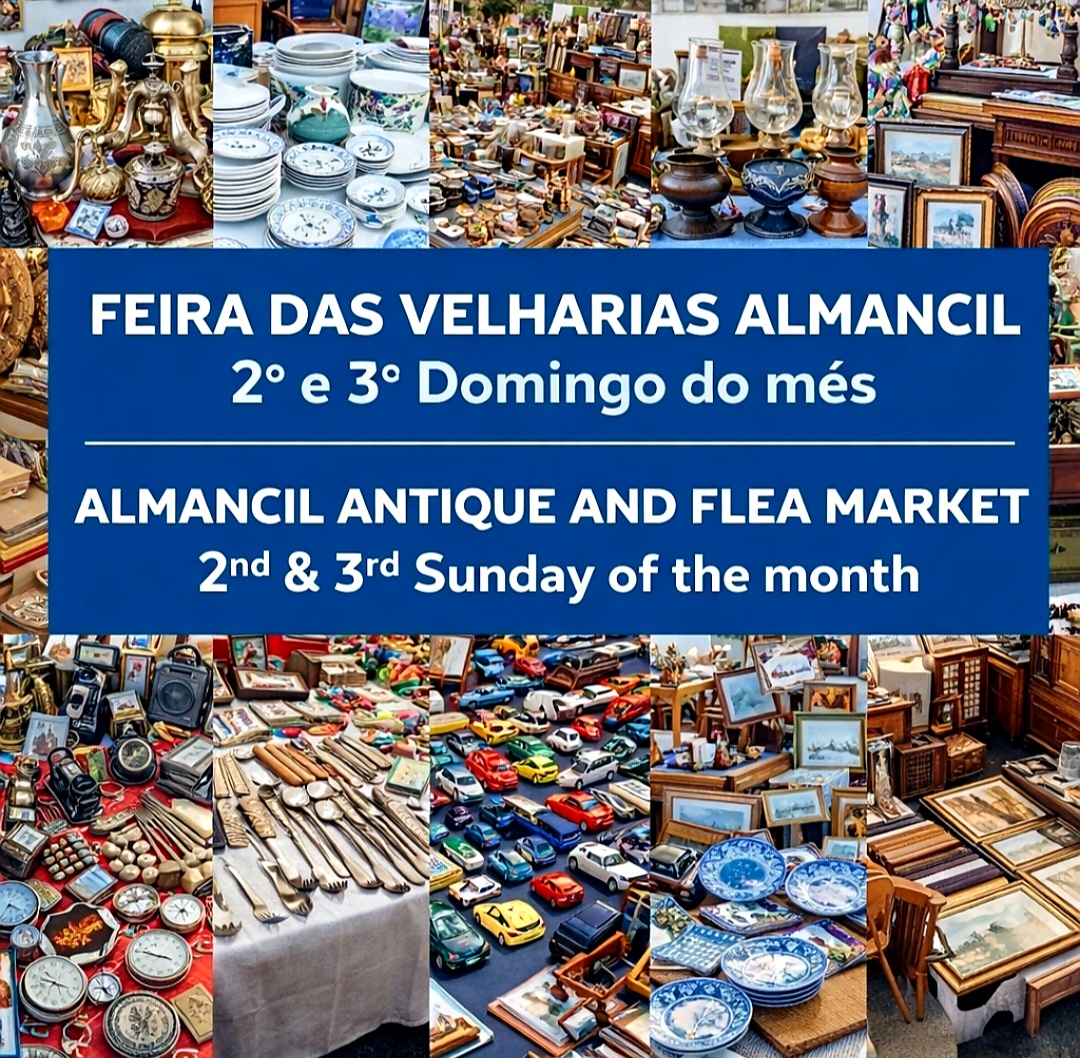 Feira de Antiguidades e Velharias de Almancil, Realiza-se no 2º e 3º domingos de cada mês, das 08h00 às 13h00.  Morada Parque 2 do Estádio do Algarve.