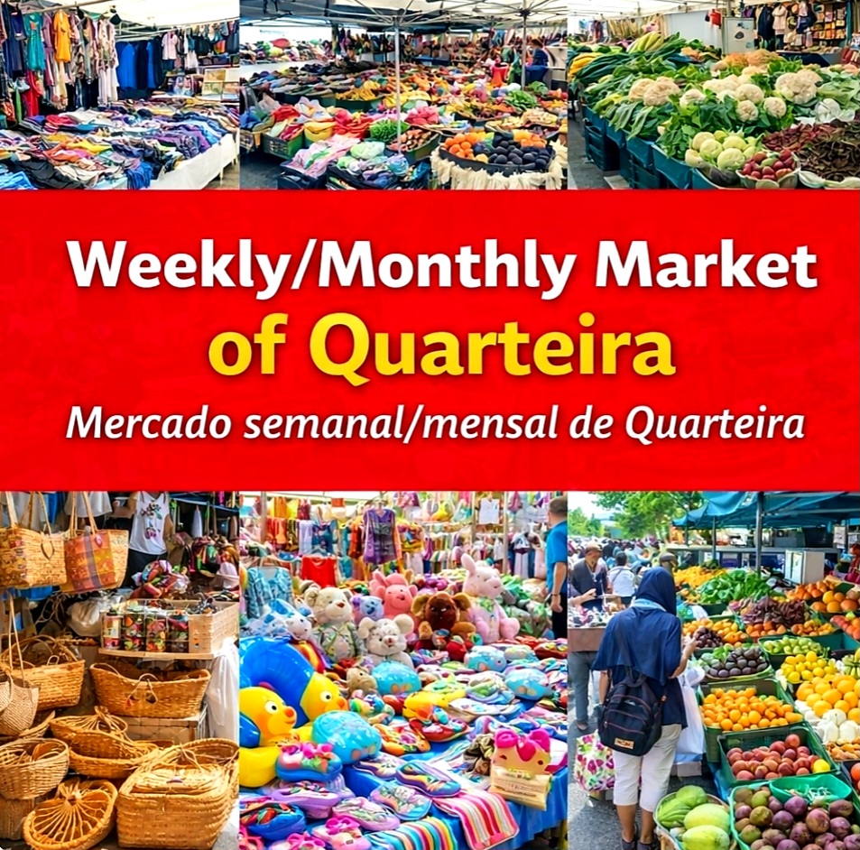 A Feira Mensal de Quarteira (também conhecida como Feira da Fonte Santa) é uma das mais icónicas e visitadas de todo o Algarve. É o local ideal para quem procura o lado mais autêntico da região, entre pechinchas, produtos locais e o burburinho típico das feiras de rua. Todas as quartas-feiras do mês. Horário: Geralmente das 08:00 às 14:00. 📍 Localização Fonte Santa (Quarteira): Situa-se na saída de Quarteira em direção a Almancil (Estrada Nacional 396). É um recinto amplo ao ar livre.