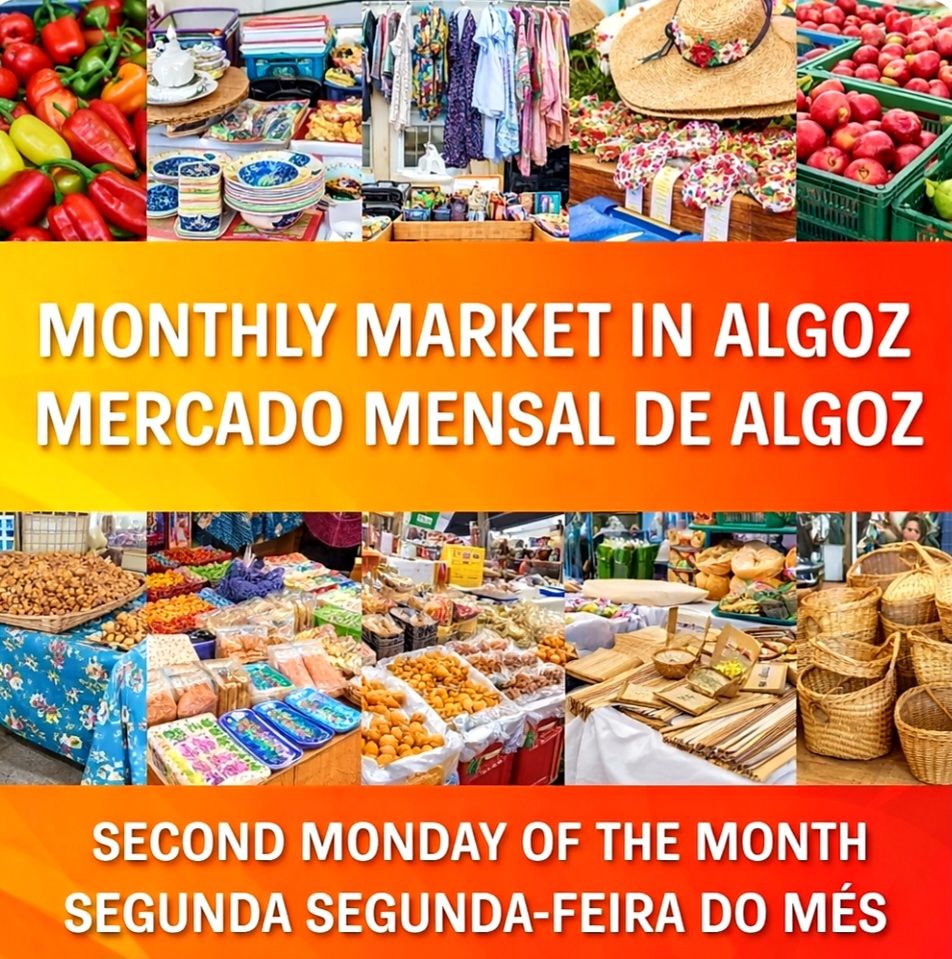 A Feira Mensal de Algoz é uma das mais tradicionais e autênticas do Algarve, atraindo pessoas de toda a região pela sua variedade e ambiente típico. 2.ª segunda-feira de cada mês. Horário: Geralmente das 08h00 às 13h00 (embora alguns feirantes fiquem até um pouco mais tarde). 📍 Localização Recinto de Feiras de Algoz: Localizado na entrada da vila (para quem vem do lado de Guia/A22). É um espaço amplo e de fácil acesso.